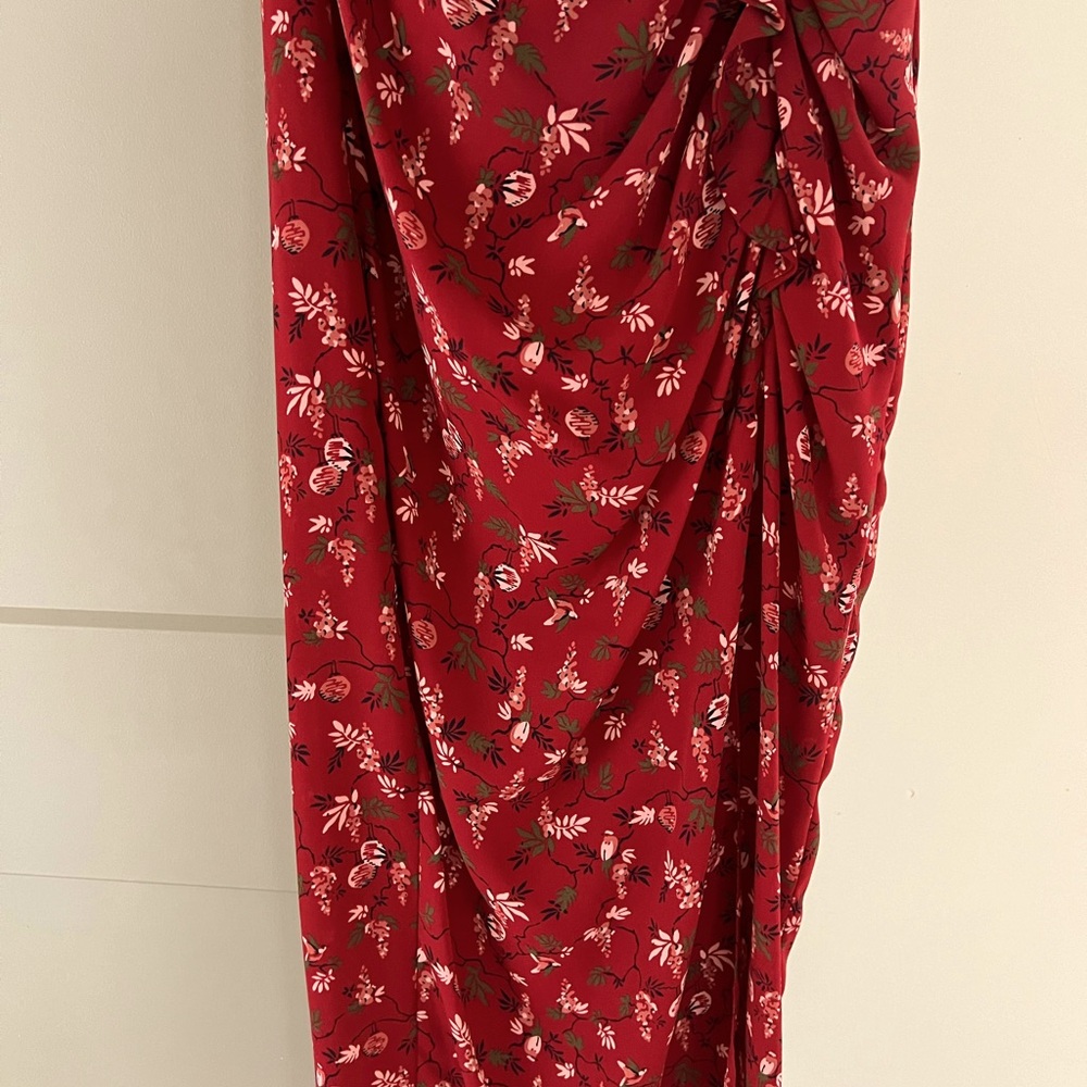 Strapless printed floral dress with burgundy background from LIKELY